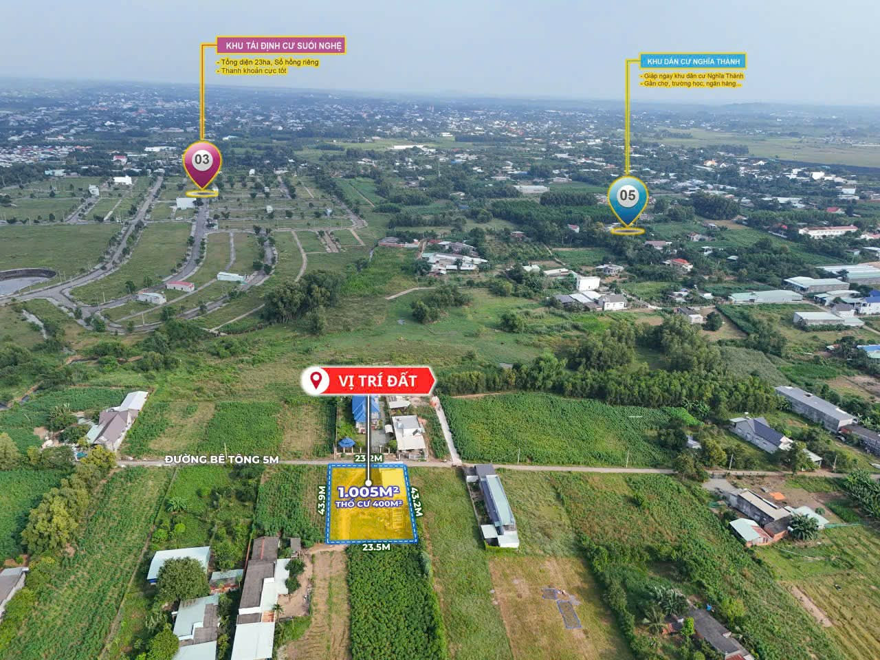 Bán đất 1000m² có sẵn 400m² thổ cư  Xã Nghĩa Thành - Gần KCN Sonaderzi