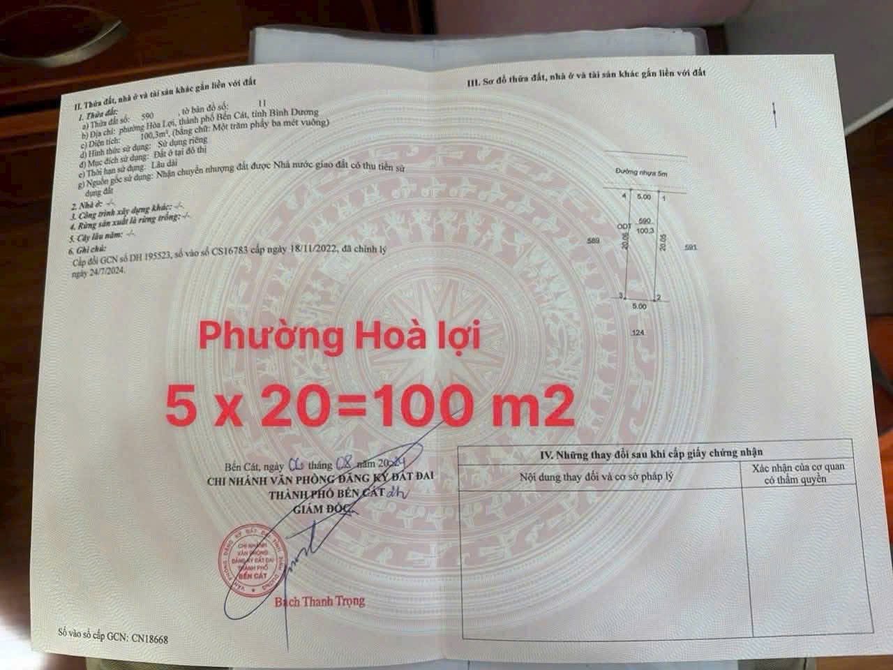 Bán đất 100.3m² có sẵn 100,3m² thổ cư ngang 5m giá 1.35 tỷ tại Đường Số 76 Phường Hòa Lợi