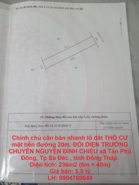 Chính chủ cần bán nhanh lô đất THỔ CƯ mặt tiền đường 20m. ĐỐI DIỆN TRƯỜNG CHUYÊN NGUYỄN ĐÌNH CHIỂU