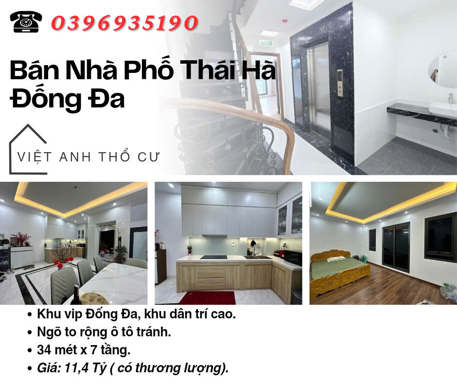 Bán nhà Phố Thái Hà, Nhà Mới Thang Máy, Sổ Vuông Đẹp, 34mx7T, Giá: 11.4 Tỷ, Lh: 0396935190.