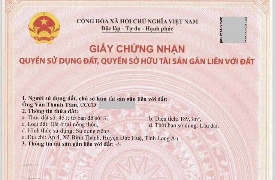 Chính chủ không trung gian, 189m2 thổ (450tr) trả trước 150tr sang sổ