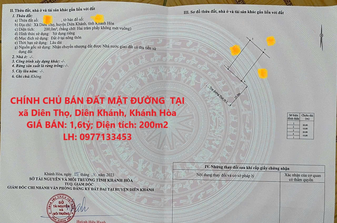 CHÍNH CHỦ BÁN ĐẤT MẶT ĐƯỜNG  TẠI xã Diên Thọ, Diên Khánh, Khánh Hòa