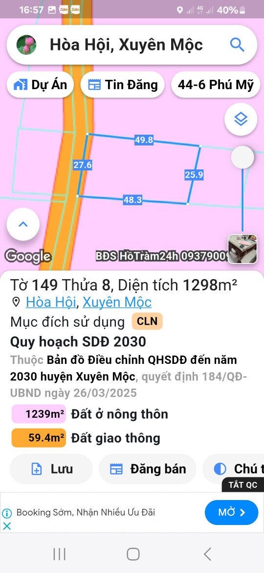 Bán đất Mt nhựa Full hồng. Tỉnh lộ 329 .xã Hòa hội. Xuyên Mộc
