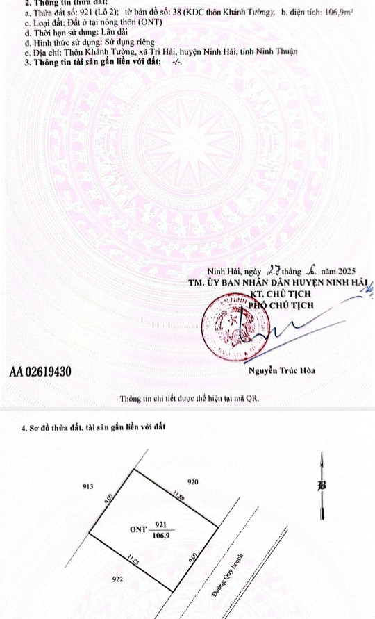 Đất Thổ Cư Ven Biển Ninh Thuận. KDC Khánh Tường. Cách Bãi Biển Khánh Hội 800m