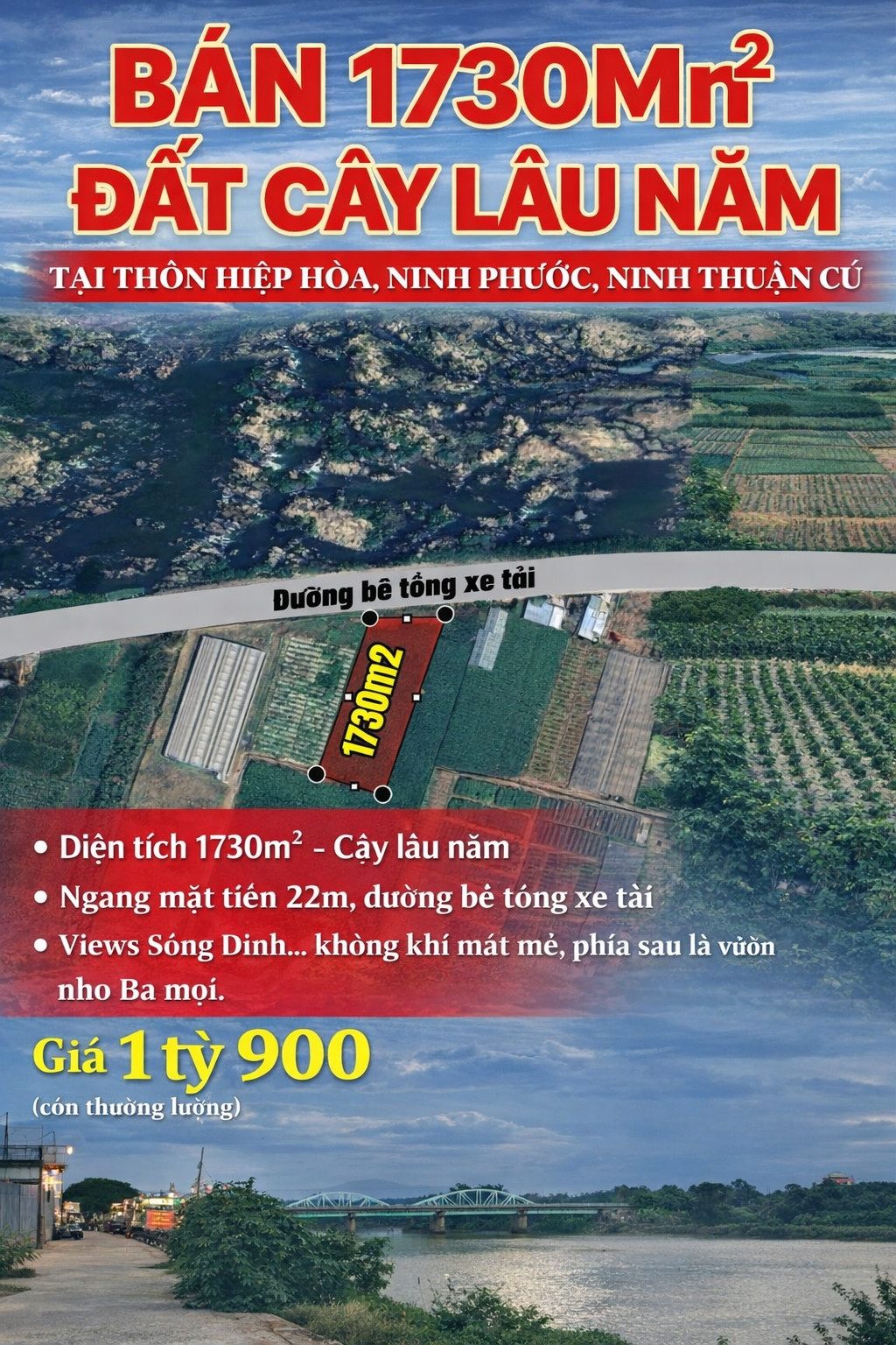 🌿 BÁN ĐẤT CÂY LÂU NĂM 1730M2 – VIEW SÔNG DINH - 1TỶ 900 TRIỆU 🌿