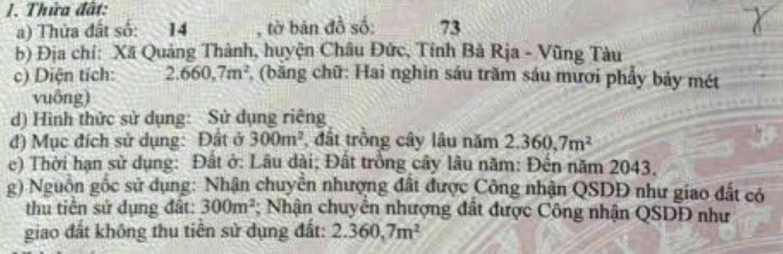 Bán đất gần đường DT765 xã Quảng Thành, Châu Đức – 2660m², ngang 14m, có 300m2 đất ở, giá 5 tỷ