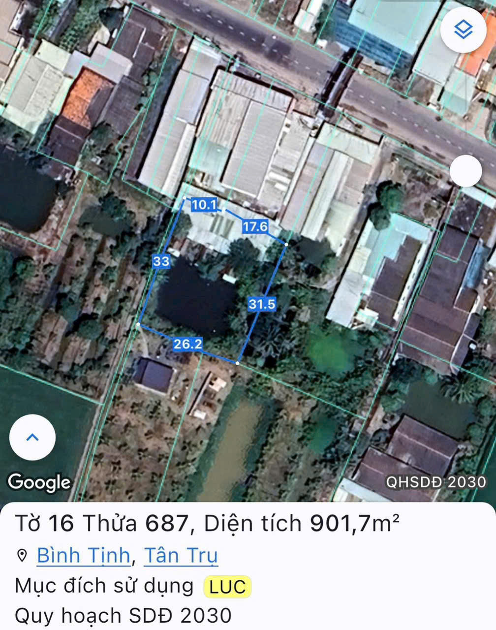 Bán đất mặt tiền tl833 , thị trấn Tân Trụ tdt 1865m2 ( 963m2 thổ) giá 10,5 tỷ