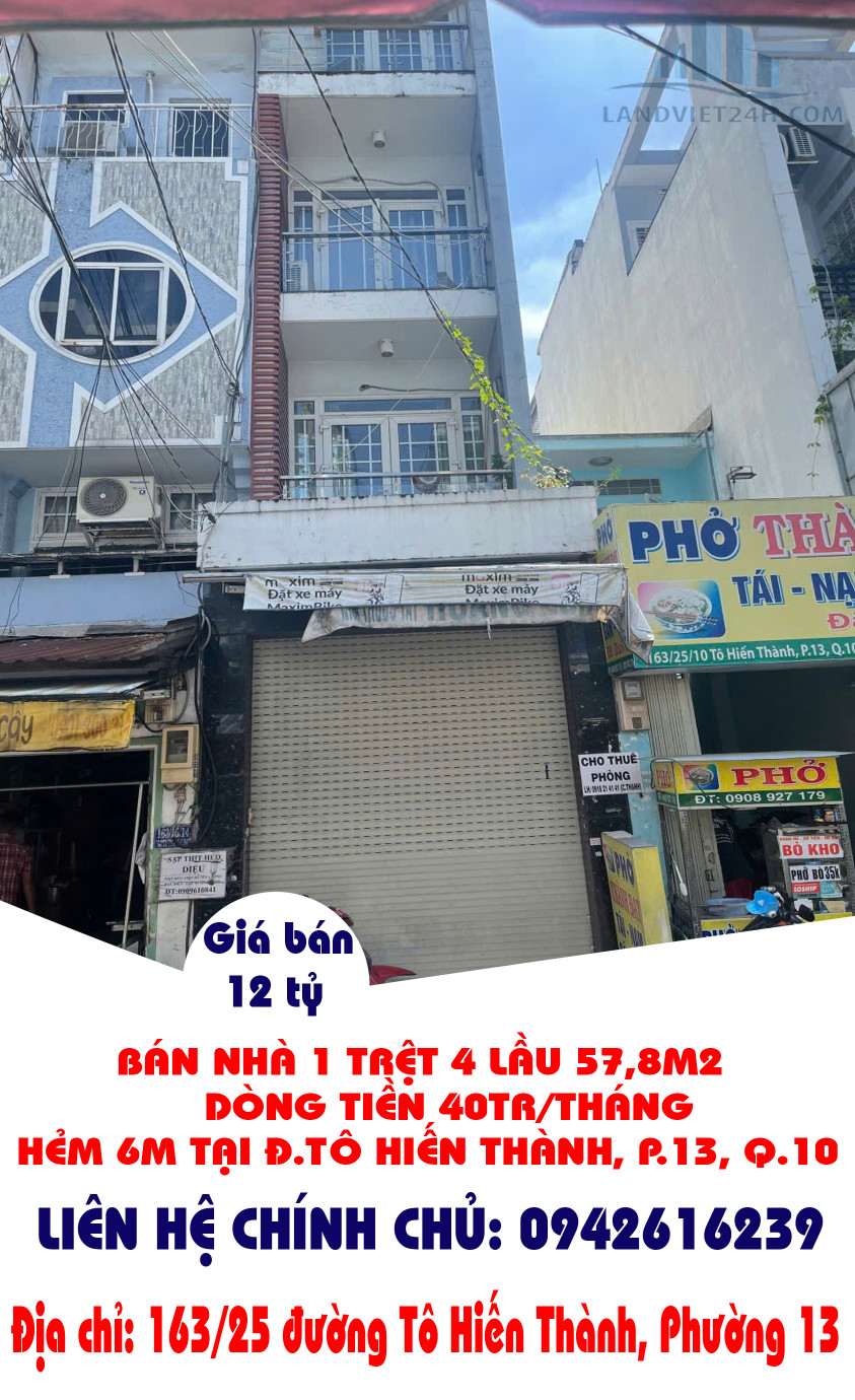 BÁN NHÀ 1 TRỆT 4 LẦU 57,8M2, DÒNG TIỀN 40TR/THÁNG HẺM 6M TẠI Đ.TÔ HIẾN THÀNH, P.13, Q.10