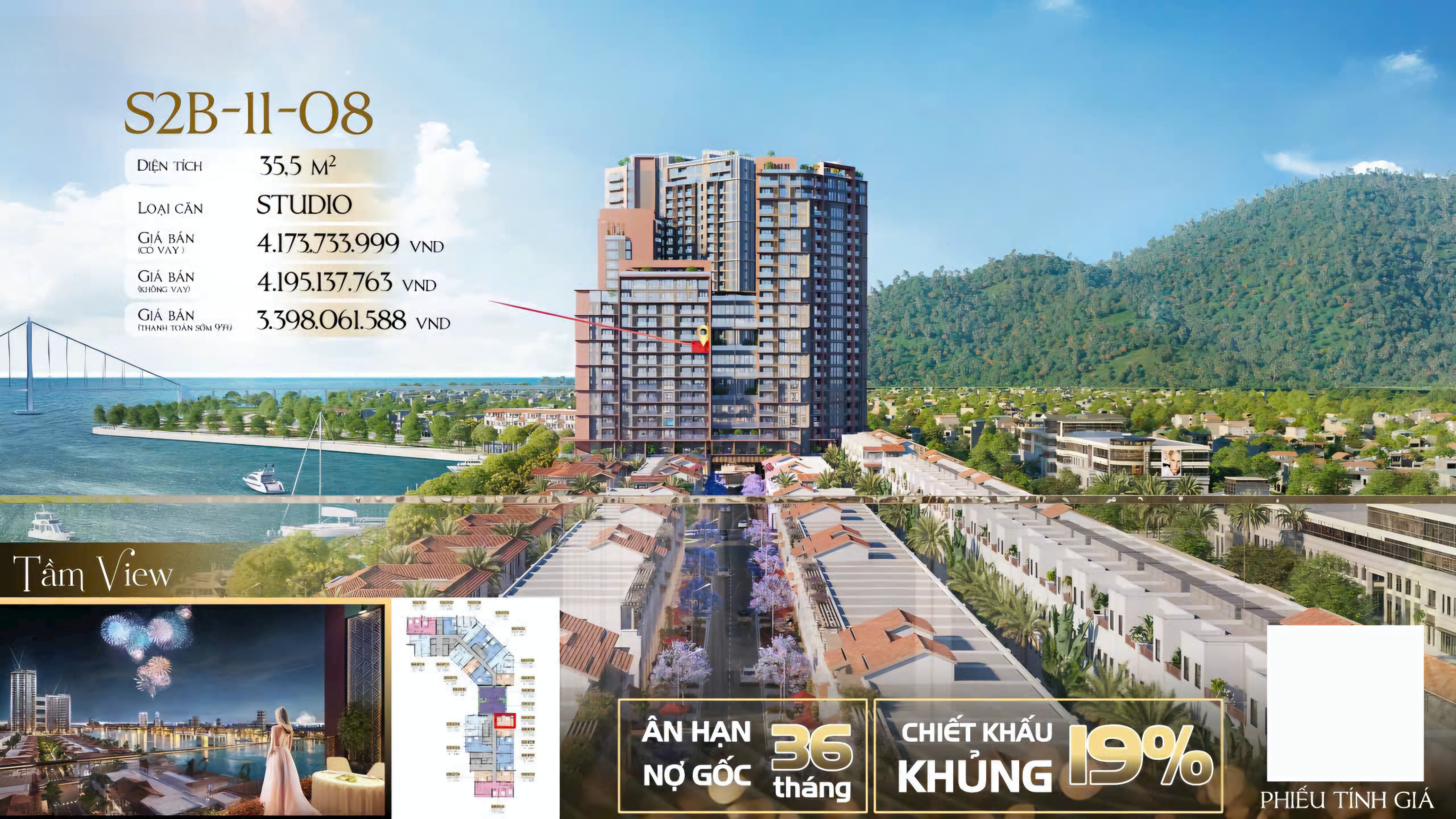 Sun Symphony - Toà S2 (số lượng căn hộ ít nhất trong 3 toà chỉ 332 căn cho 2 khối tháp), còn sót lại căn Studio view pháo hoa, hướng Nam  View trực diện sông Hàn  ✅ S2B1108 - Tầng 11 - Căn Số 8. DT 35,5m2  🌴 View:  - View toàn bộ khu biệt thự, trực diện s