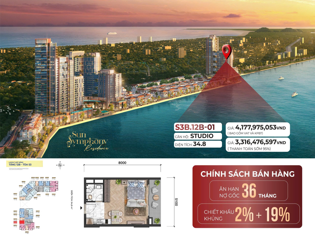 ✨ STUDIO VIEW SÔNG HÀN – SỞ HỮU VỊ TRÍ VÀNG TẠI SUN SYMPHONY RESIDENCE ✨  🌅 S3B-12B.01 – Studio đẳng cấp, tầm nhìn trực diện sông Hàn, ôm trọn vẻ đẹp thành phố về đêm! 📐 Diện tích: 34.8m² – Không gian tinh tế, tối ưu công năng 💰 Giá chỉ từ: 3,3 tỷ (Chính