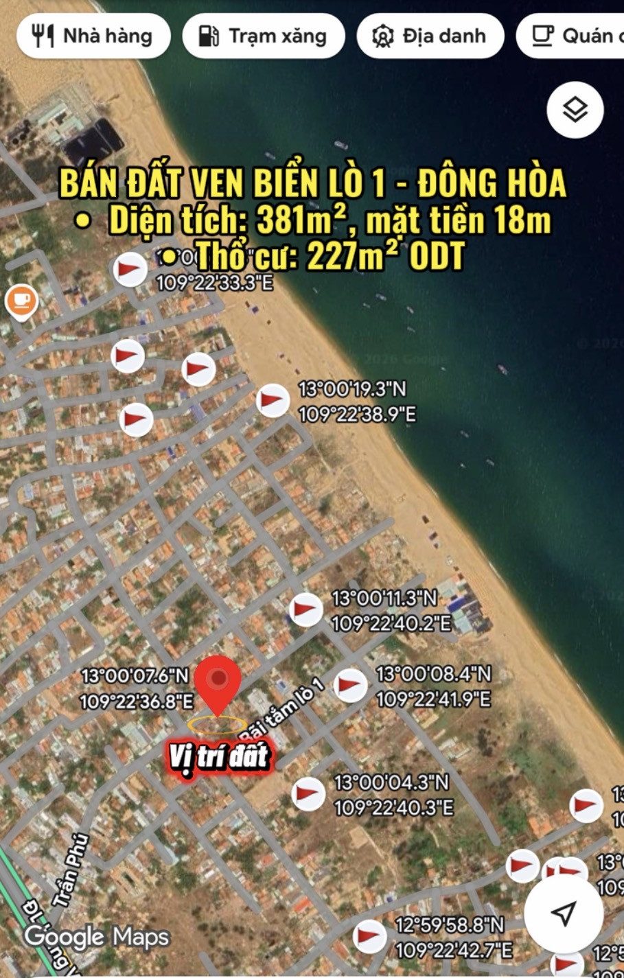BÁN ĐẤT VEN BIỂN LÒ 1 - ĐÔNG HÒA, PHÚ YÊN
•  Diện tích: 381m², mặt tiền 18m
•  Thổ cư: 227m² ODT, sổ hồng riêng 
•  Vị trí: KP Phú Thọ 1, TT Hòa Hiệp Trung, cách biển 280m
•  Pháp lý: Sạch, công chứng ngay
💰 Giá: 6tỷxx (có TL)
📞 LH: 0967923139