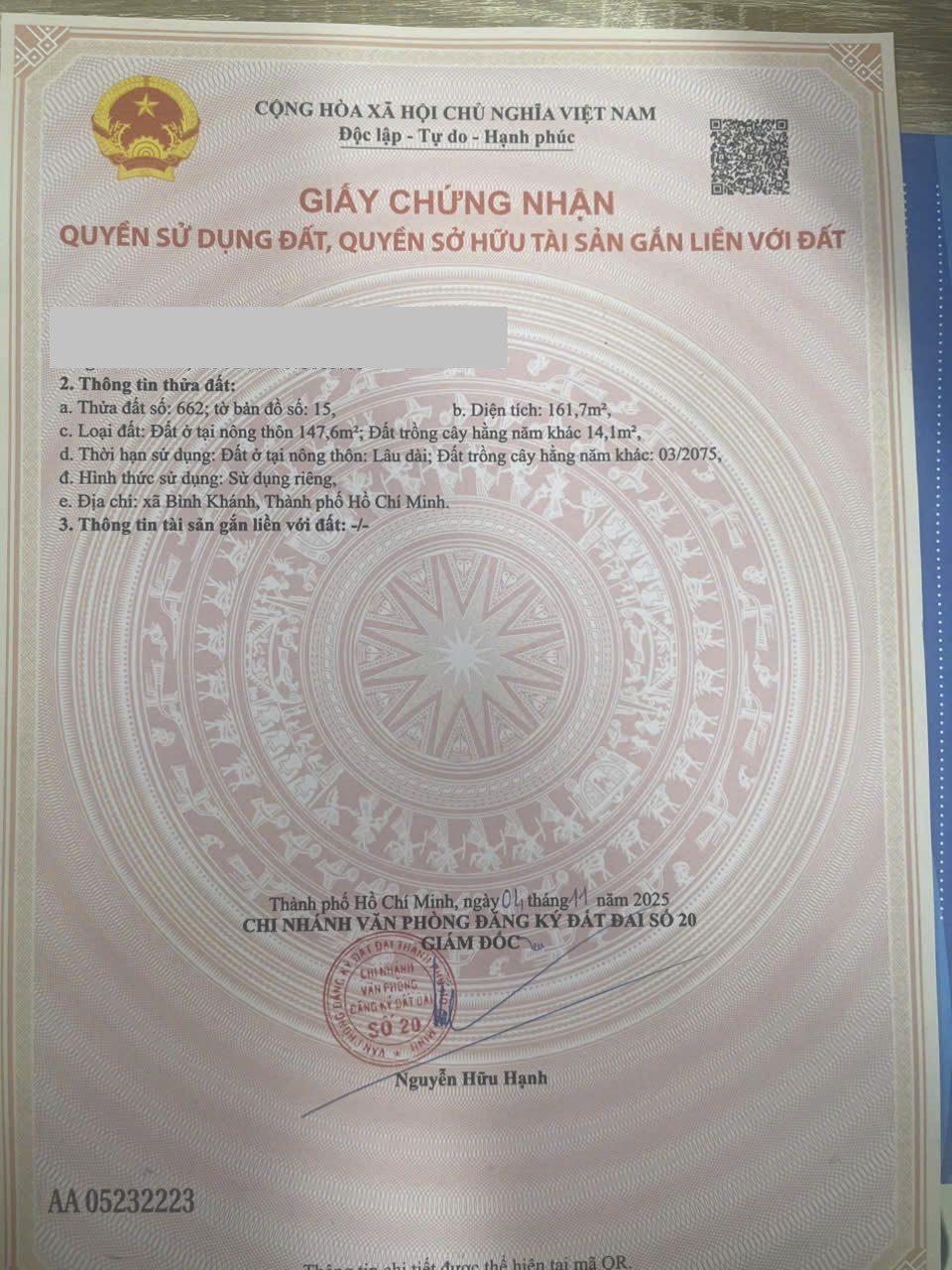 Bán lô đât thổ cư gần mặt tiền trần quang đạo , bình khánh cần giờ.
