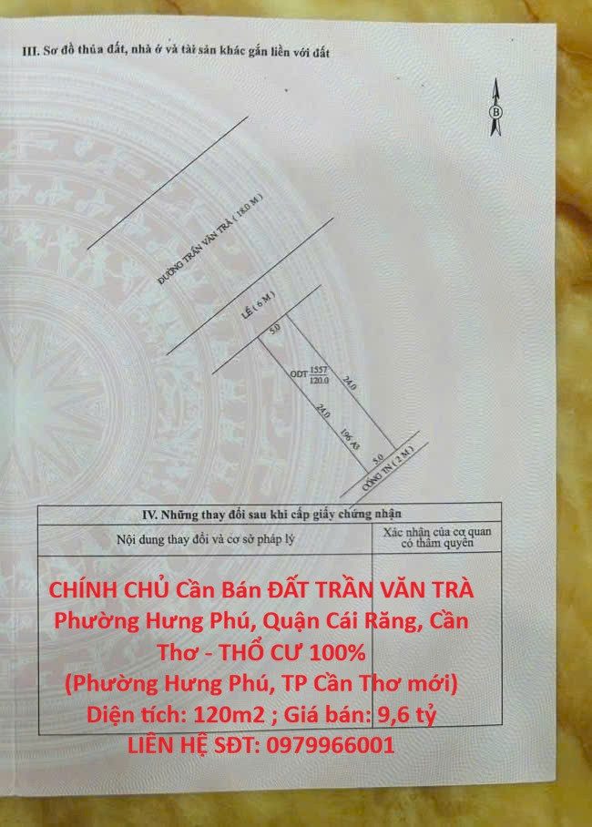 CHÍNH CHỦ Cần Bán ĐẤT TRẦN VĂN TRÀ Phường Hưng Phú, Quận Cái Răng, Cần Thơ - THỔ CƯ 100%
