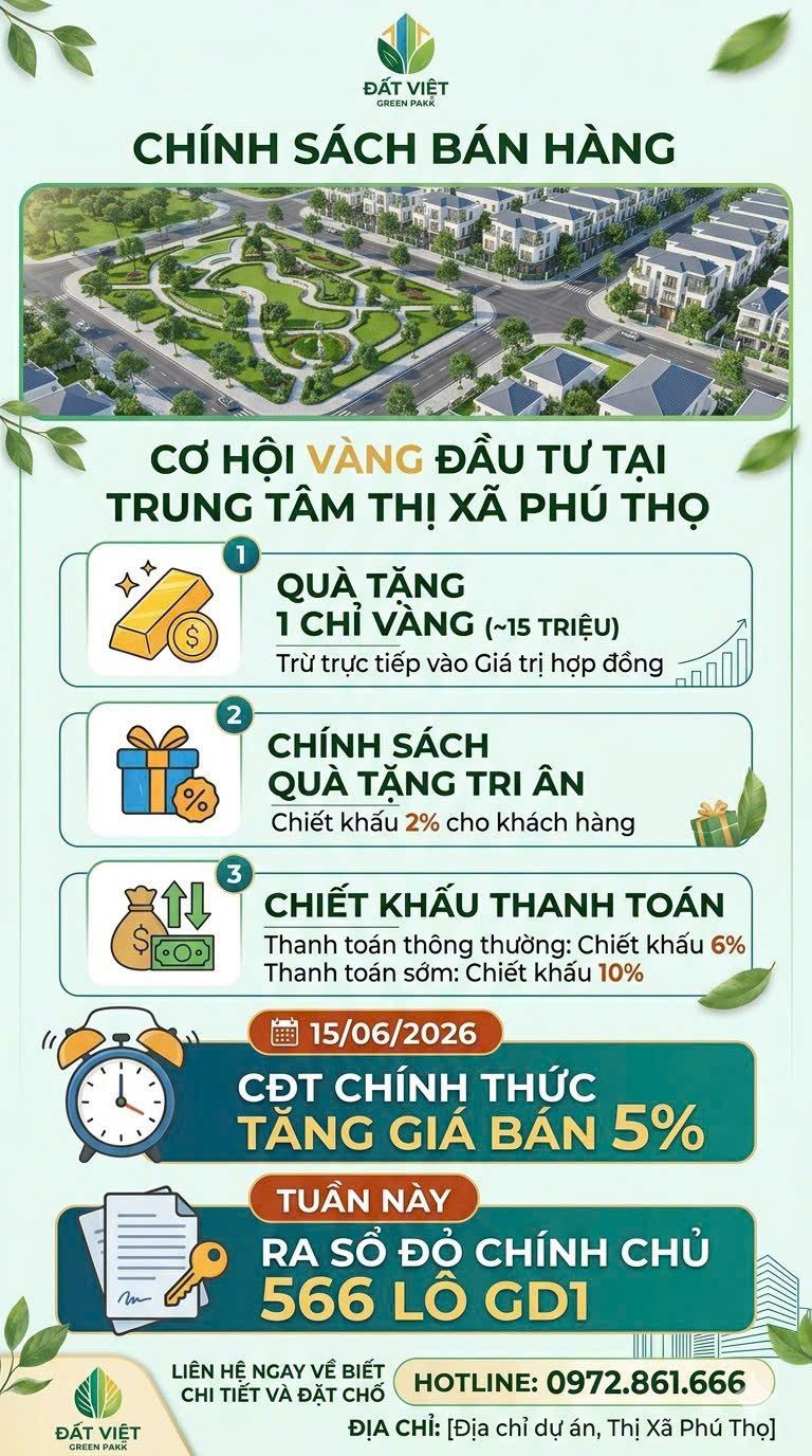 CHỈ CÒN VÀI NGÀY ĐỂ SỞ HỮU ĐẤT VIỆT GREEN PARK TRƯỚC ĐỢT TĂNG GIÁ 15/06