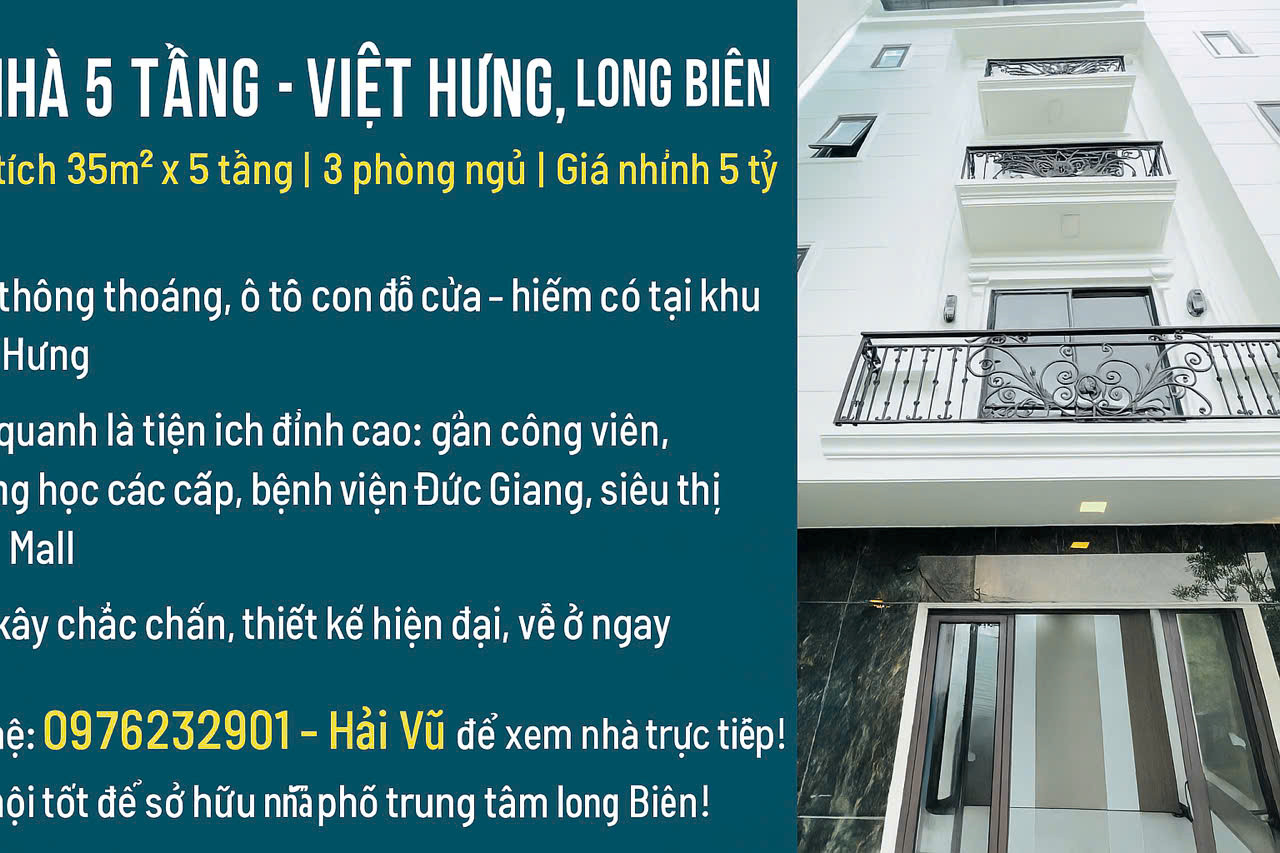 BÁN NHÀ 5 TẦNG - 35M2 - VIỆT HƯNG - LONG BIÊN - NGÕ THÔNG - XE CON ĐỖ CỬA - NHỈNH 5 TỶ