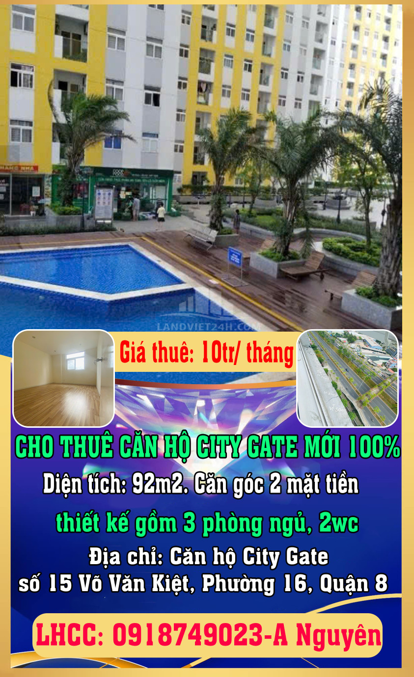 CHÍNH CHỦ CHO THUÊ CĂN HỘ CITY GATE MỚI 100%, 3PN, PHƯỜNG 16, QUẬN 8