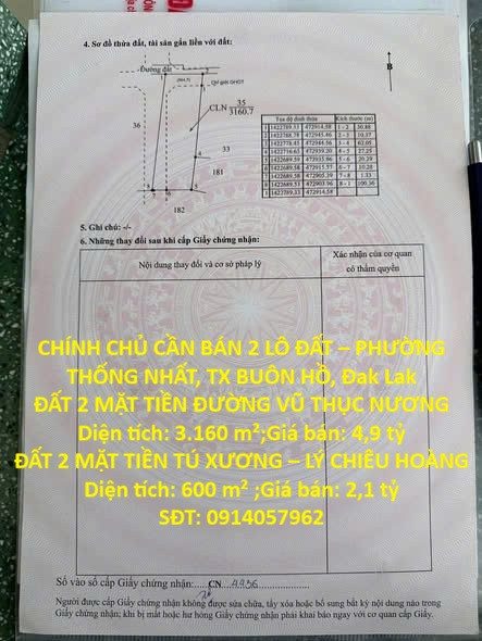 ĐẤT ĐẸP – GIÁ TỐT – CHÍNH CHỦ CẦN BÁN 2 LÔ ĐẤT – PHƯỜNG THỐNG NHẤT, TX BUÔN HỒ, Đak Lak