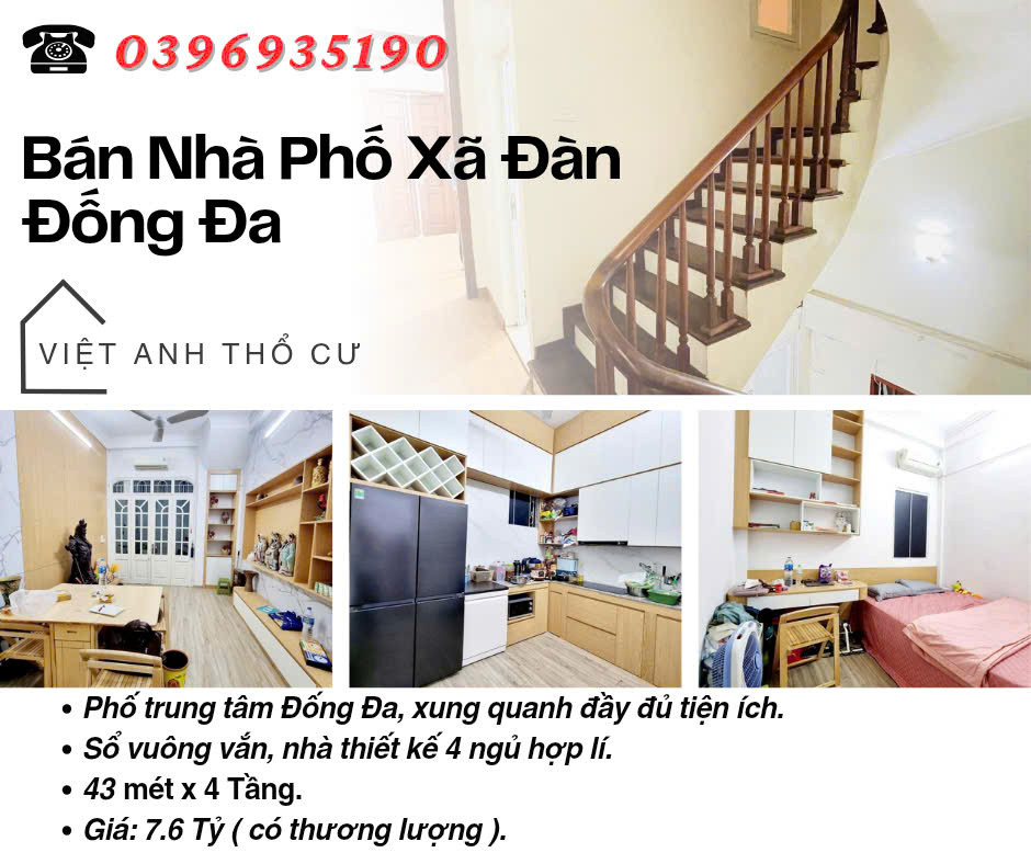 Bán nhà phố Xã Đàn_Sổ Đỏ Vuông Vắn_4 Ngủ_43mx4T_Giá: 7.6 Tỷ_Lh: 0396935190.