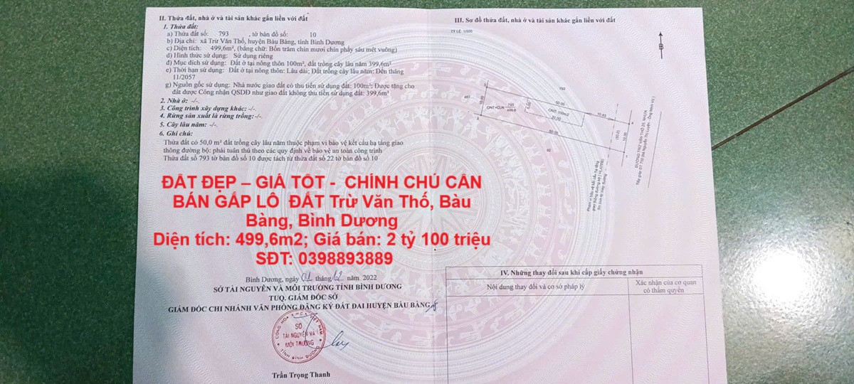 ĐẤT ĐẸP – GIÁ TỐT -  CHÍNH CHỦ CẦN BÁN GẤP LÔ  ĐẤT Trừ Văn Thố, Bàu Bàng, Bình Dương