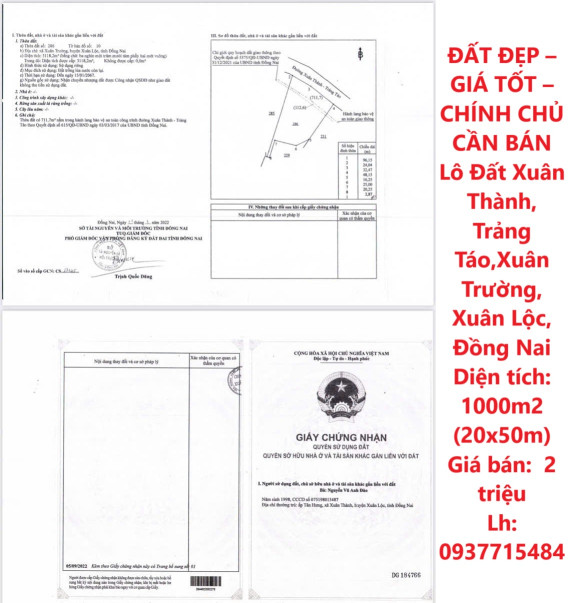 ĐẤT ĐẸP – GIÁ TỐT – CHÍNH CHỦ CẦN BÁN Lô Đất Xuân Thành, Trảng Táo,Xuân Trường, Xuân Lộc, Đồng Nai