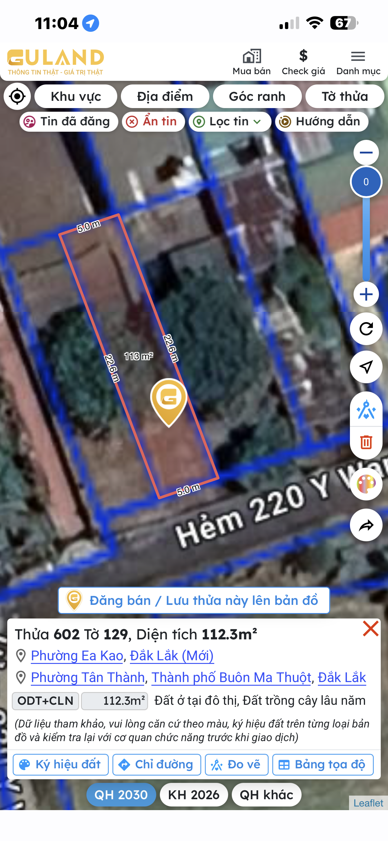 Bán đất 112.3m² có sẵn 40m² thổ cư ngang 5m giá 1.55 tỷ tại Đường Y Wang Phường Ea Kao