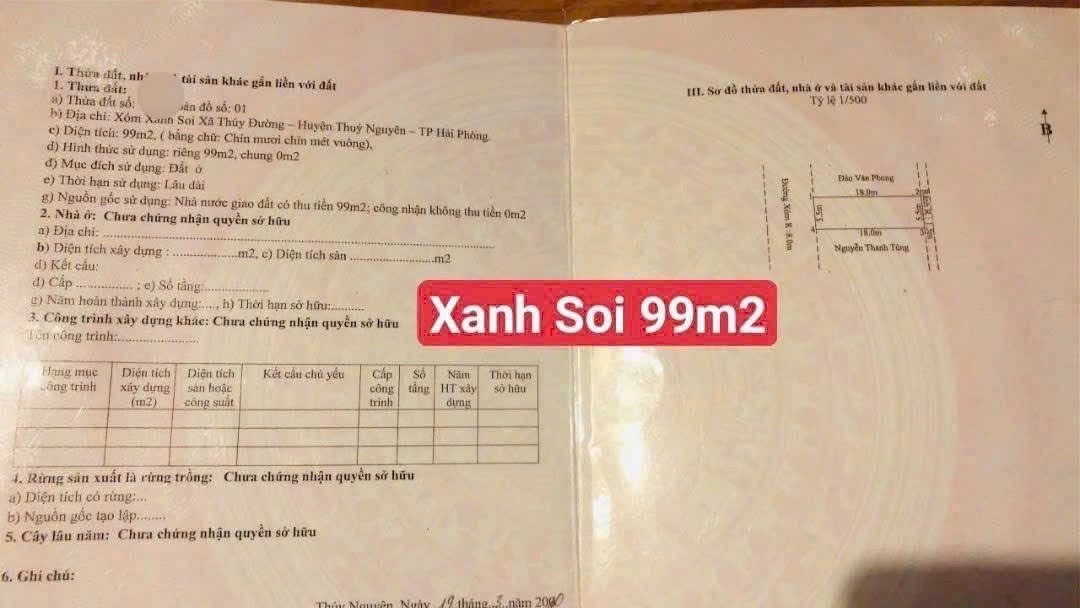 Bán 99 m đất xanh Soi Thuỷ Đường, ngay dự án Văn Phú. L/h:076.231.9990 e Thuý