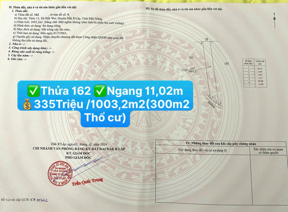 💰335 TRIỆU/1003,2m2( 300m2 thổ cư)☎️0938.60.9098 Ms.Trọng