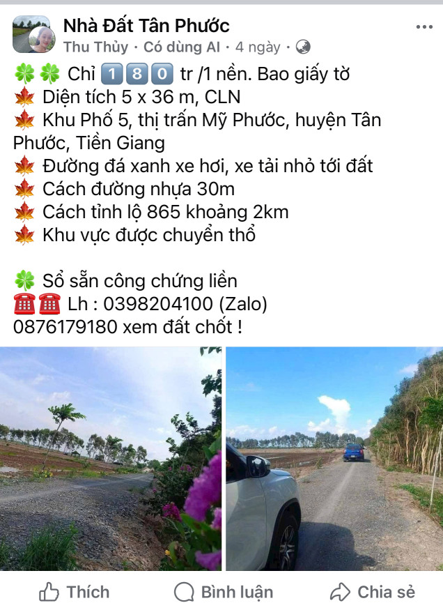 Bán đất 180m² 180 triệu Huyện Tân Phước