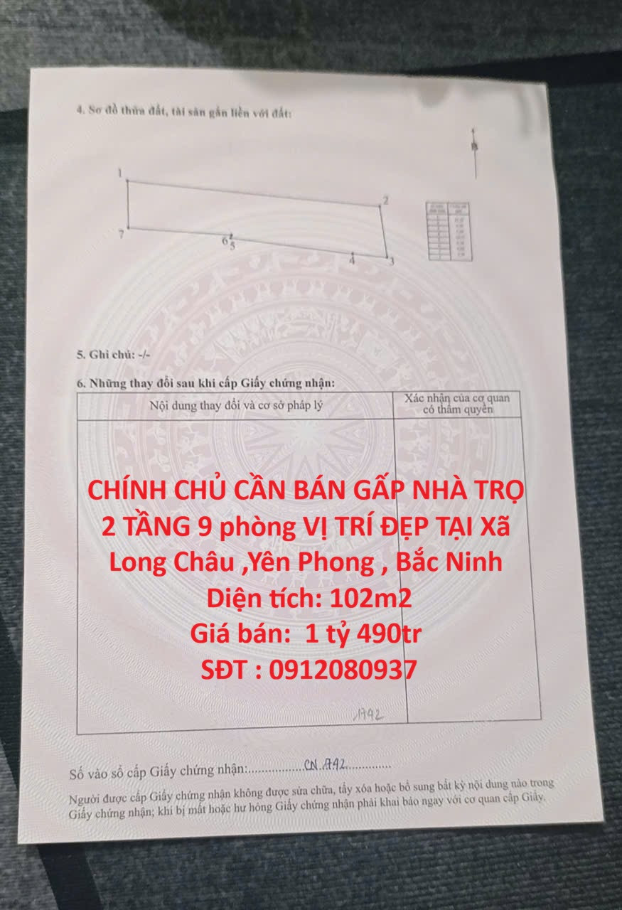 CHÍNH CHỦ CẦN BÁN GẤP NHÀ TRỌ 2 TẦNG 9 phòng VỊ TRÍ ĐẸP TẠI Xã Long Châu ,Yên Phong , Bắc Ninh