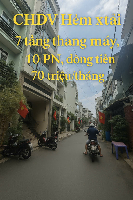 BÙI HỮU NGHĨA - HẺM XE TẢI 7 TẦNG THANG MÁY - 10 PN DÒNG TIỀN 70TR/THÁNG - GIÁ 19.7T