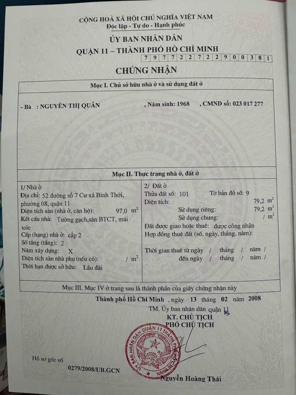 Định Cư Cần Bán Nhà Mặt Tiền 50-52 Đường Số 7, Lãnh Binh Thăng, Phường 8, Quận 11