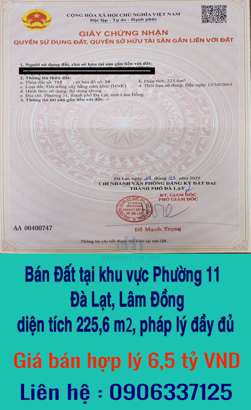 Bán Đất tại khu vực Phường 11, Đà Lạt, Lâm Đồng với diện tích 225,6 m², pháp lý đầy đủ.