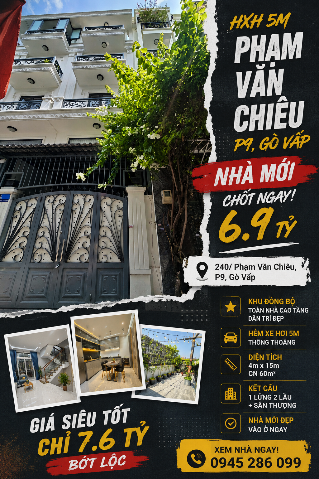 65M2 CN 4X15 4 TẦNG ST NHÀ MỚI HXH 240 PHẠM VĂN CHIÊU P9, KHU ĐỒNG BỘ, CHỈ 7.6 TỶ TL