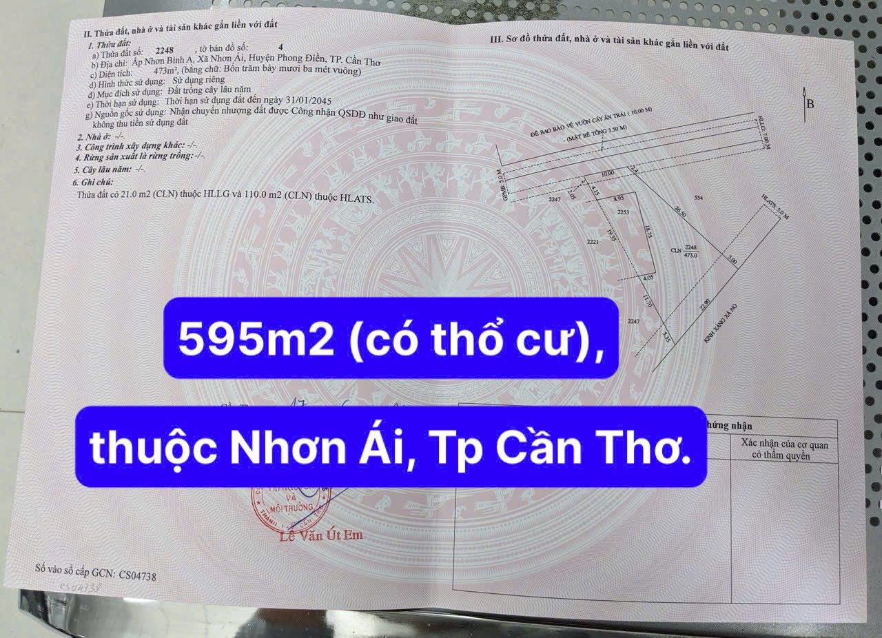 Bán đất 595m² có sẵn 150m² thổ cư ngang 10m giá 1.5 tỷ tại Phường An Bình