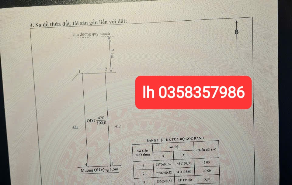 Bán đất 100m² ngang 5m giá 1.5 tỷ Phường Bá Xuyên