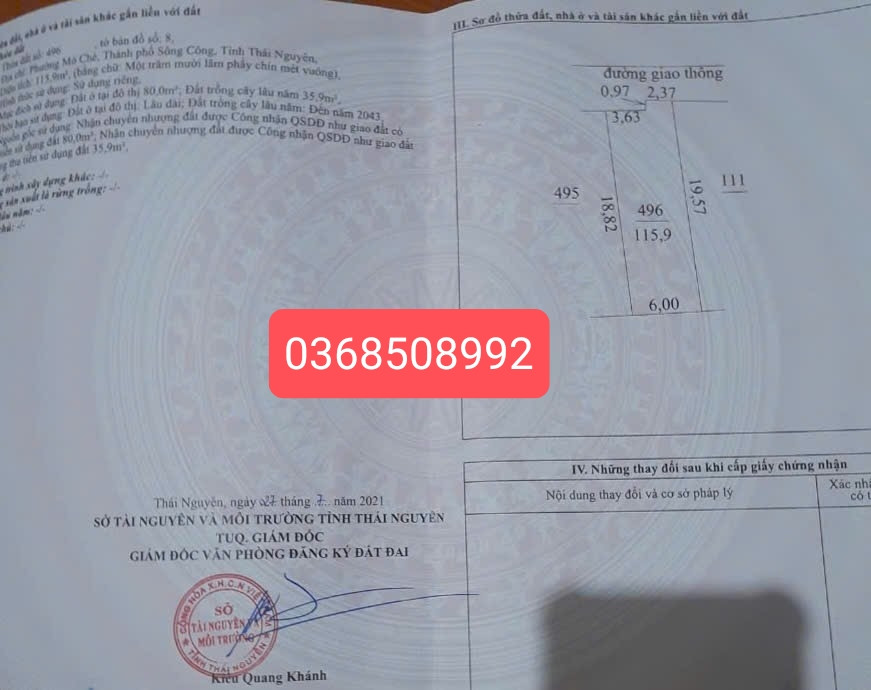Bán đất 115,9m² ngang 6m giá 800 triệu Phường Bá Xuyên