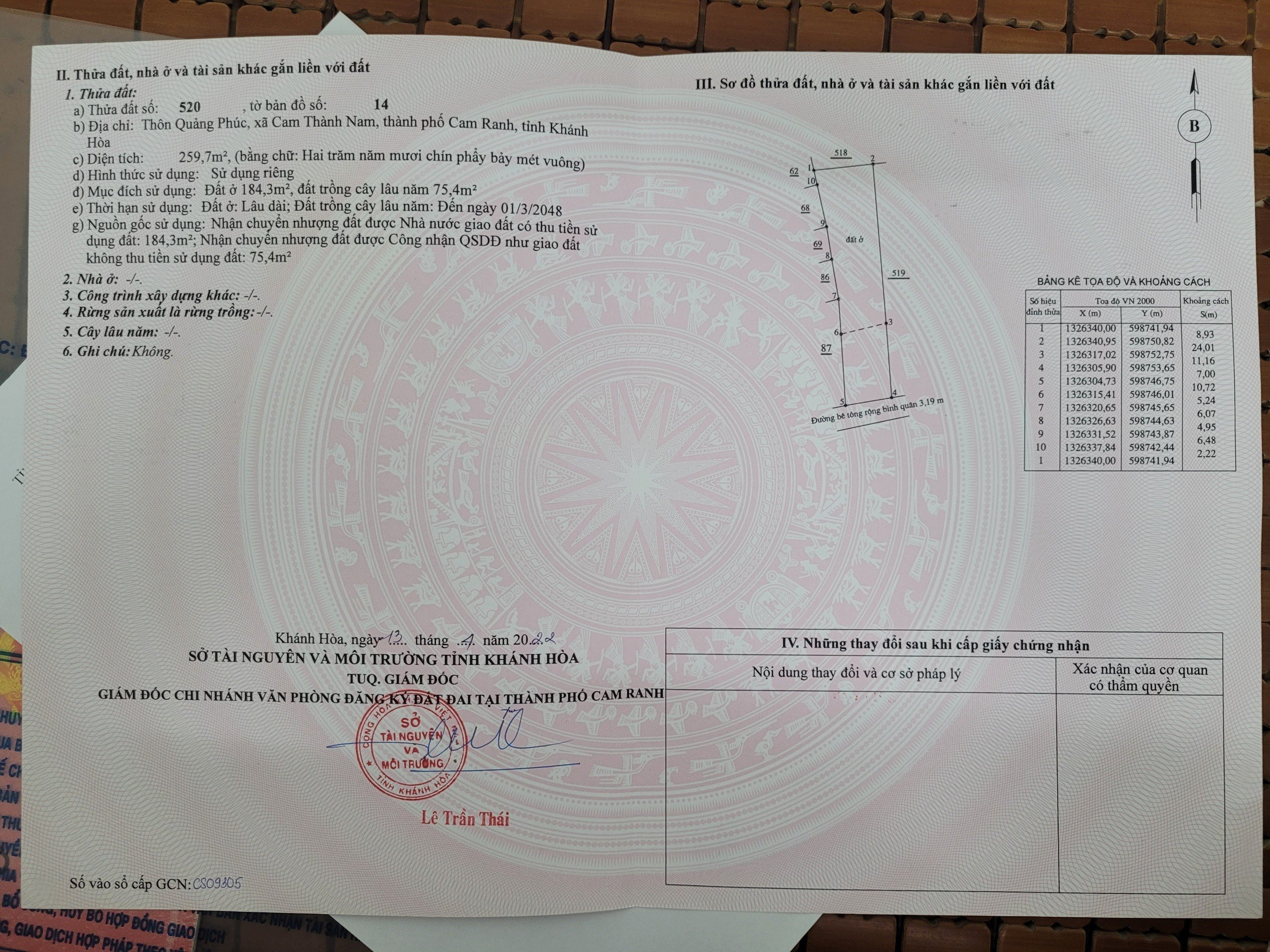 QUẢNG PHÚC - BẮC CAM RANH -- 259M2 -- CÓ 184M2 THỔ CƯ -- SAU LƯNG ỦY BAN XÃ -- GIÁ 1 TỶ 900