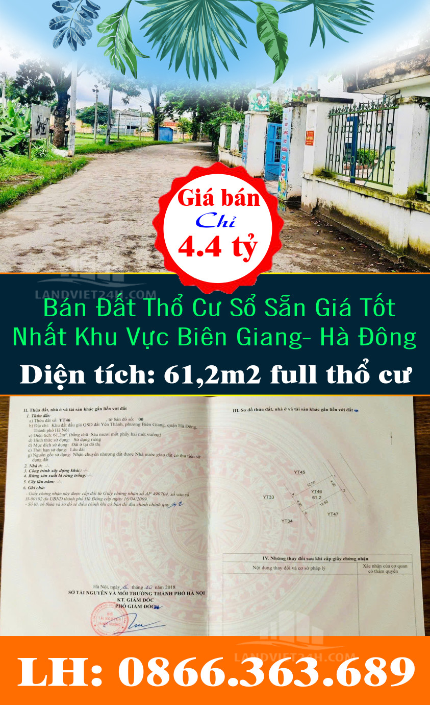 Chính Chủ Bán Đất Thổ Cư Sổ Sẵn Giá Tốt Nhất Khu Vực Biên Giang- Hà Đông