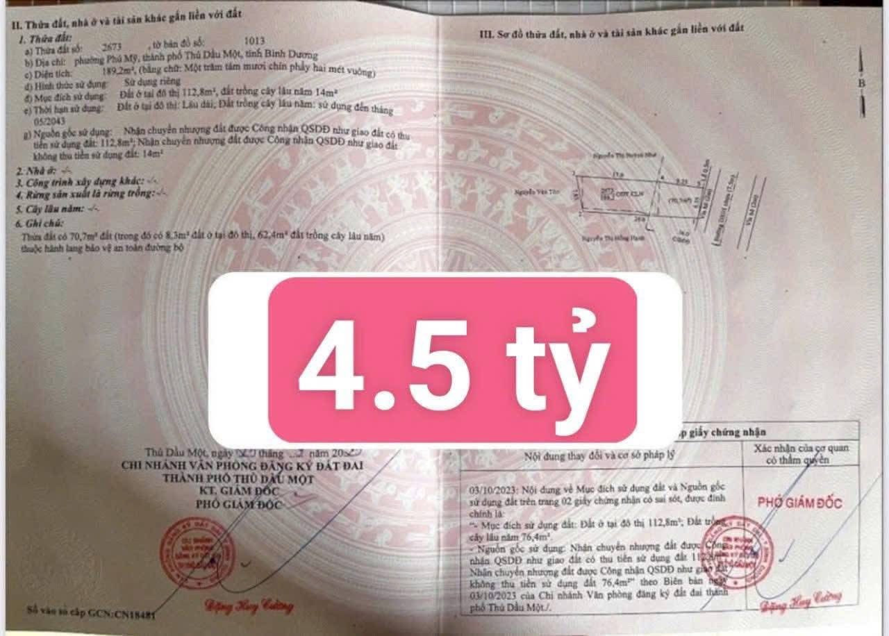Bán đất 193.1m² ngang 6,6m giá 4.5 tỷ Phường Bình Dương: 0815422197