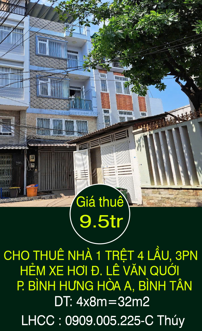 CHO THUÊ NHÀ 1 TRỆT 4 LẦU, 3PN HẺM XE HƠI Đ. LÊ VĂN QUỚI, P. BÌNH HƯNG HÒA A, BÌNH TÂN