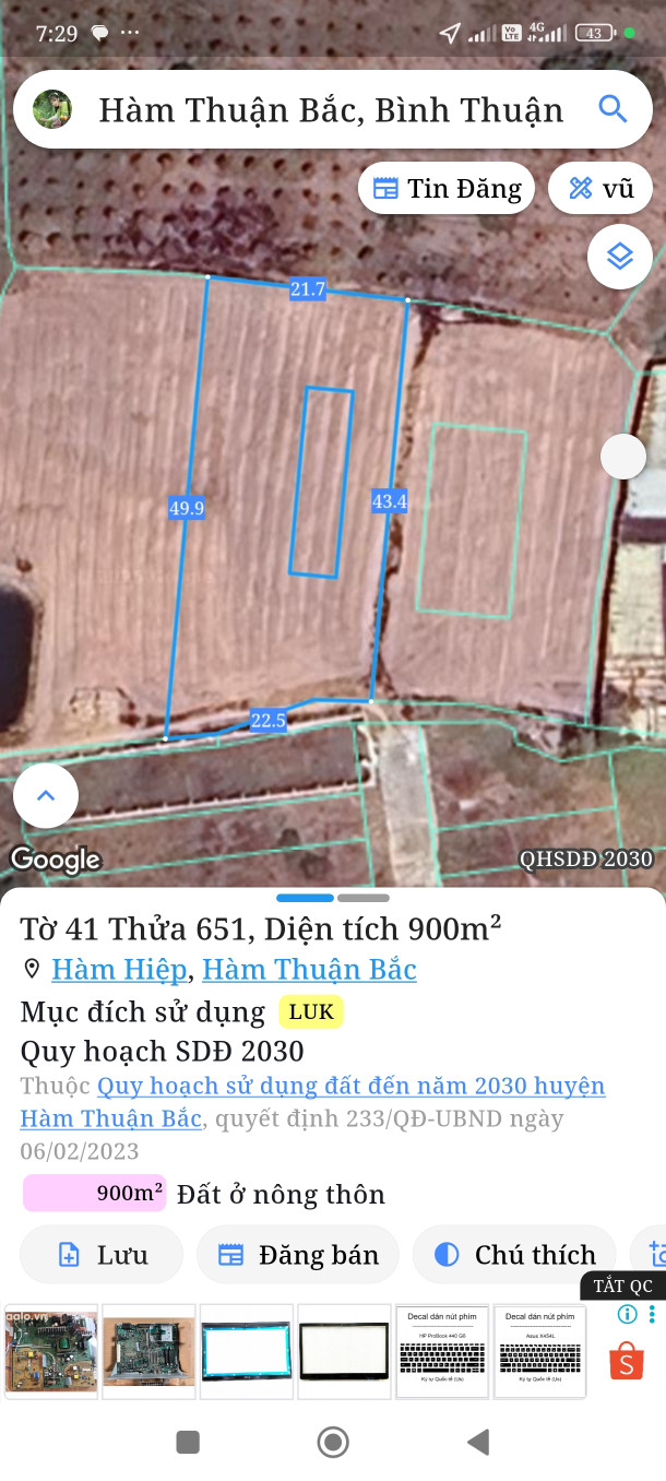 Bán đất 1000m² có 100m² thổ cư giá 1 tỷ Phường Bình Thuận