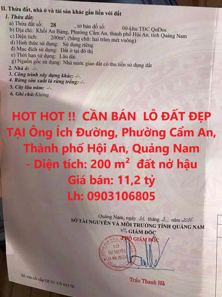 HOT HOT !!  CẦN BÁN  LÔ ĐẤT ĐẸP TẠI Ông Ích Đường, Phường Cẩm An, Thành phố Hội An, Quảng Nam