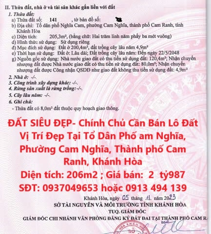 ĐẤT SIÊU ĐẸP- Chính Chủ Cần Bán Lô Đất Vị Trí Đẹp Tại Phường Cam Nghĩa, Thành phố Cam Ranh