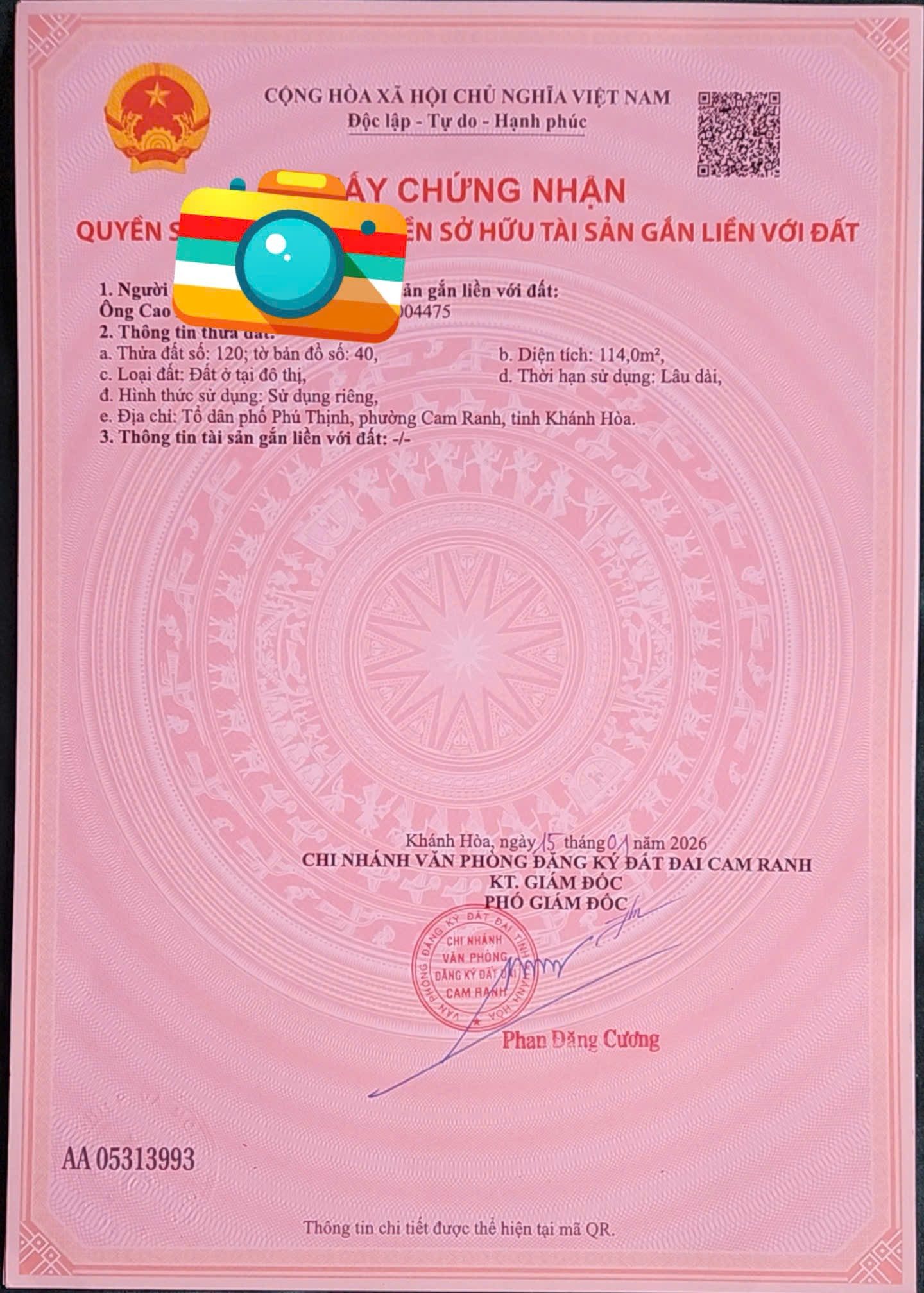 Phú Thịnh, Cam Ranh, Khánh Hoà -- diện tích: 114 m2-- giá 1,5triệu/ m2.