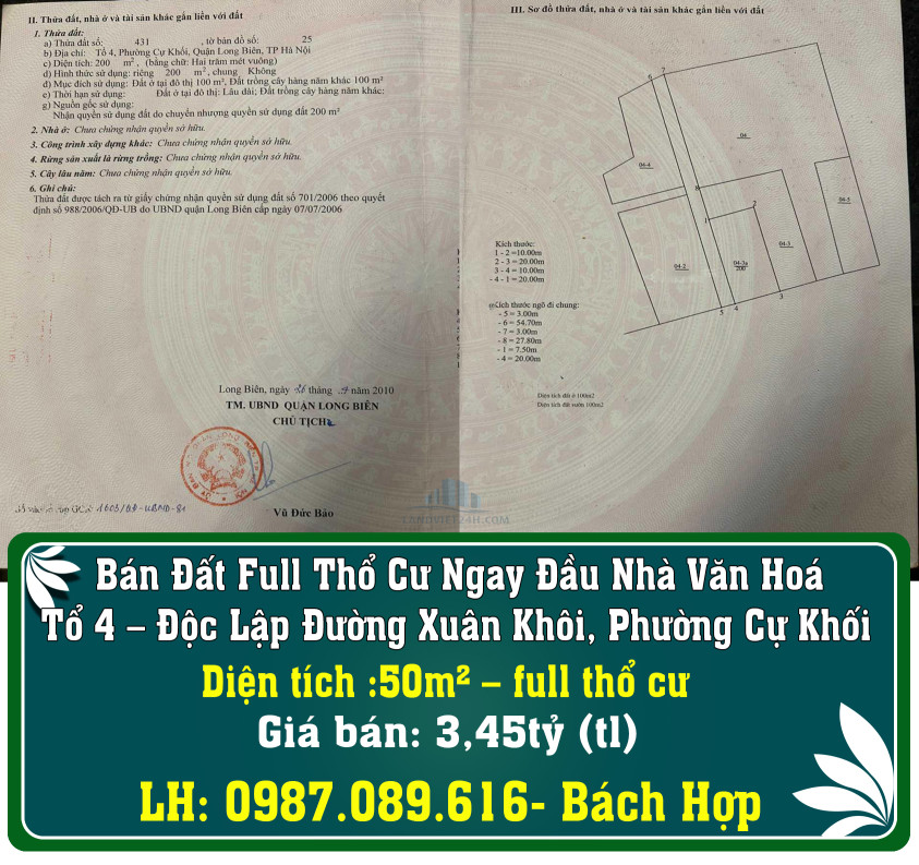 Bán Đất Full Thổ Cư Ngay Đầu Nhà Văn Hoá Tổ 4 – Độc Lập