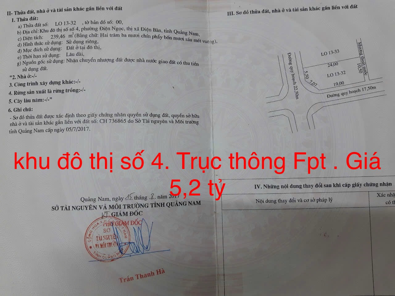 Đất đô Thị Số 4, Đường 22,5m ,sông Cổ Cò,Trục thông FPT ,240m /5.2 tỷ