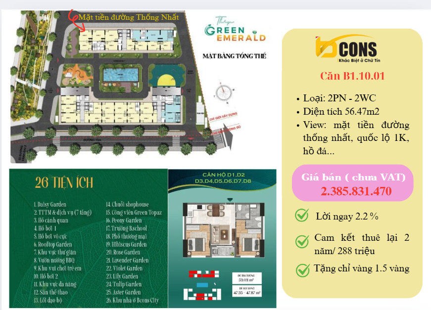 Lời ngay 2,2% khi mua căn hộ Bcons Green Emerald tại Dĩ An - Bình Dương