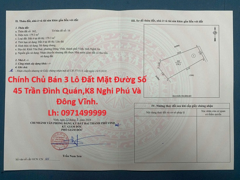 Chính Chủ Bán 3 Lô Đất Mặt Đườg Số 45 Trần Đình Quán,K8 Nghi Phú Và Đông Vĩnh.