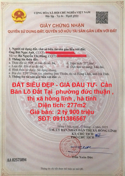 ĐẤT SIÊU ĐẸP - GIÁ ĐẦU TƯ-  Cần Bán Lô Đất Tại  phường đức thuận , thị xã hồng lĩnh , hà tĩnh