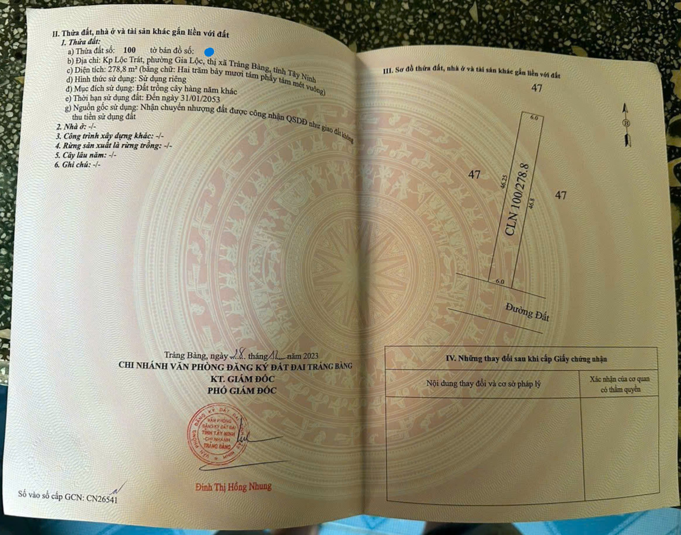 278m2, ngang 6m, ngay trung tâm Trảng Bàng, SHR, Giá 680 triệu.